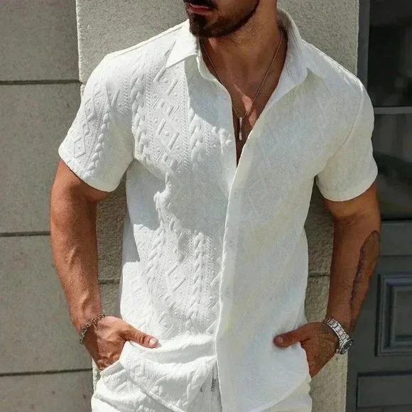 White Casual Men's Summer Solid Textured Shirt And Shorts Set